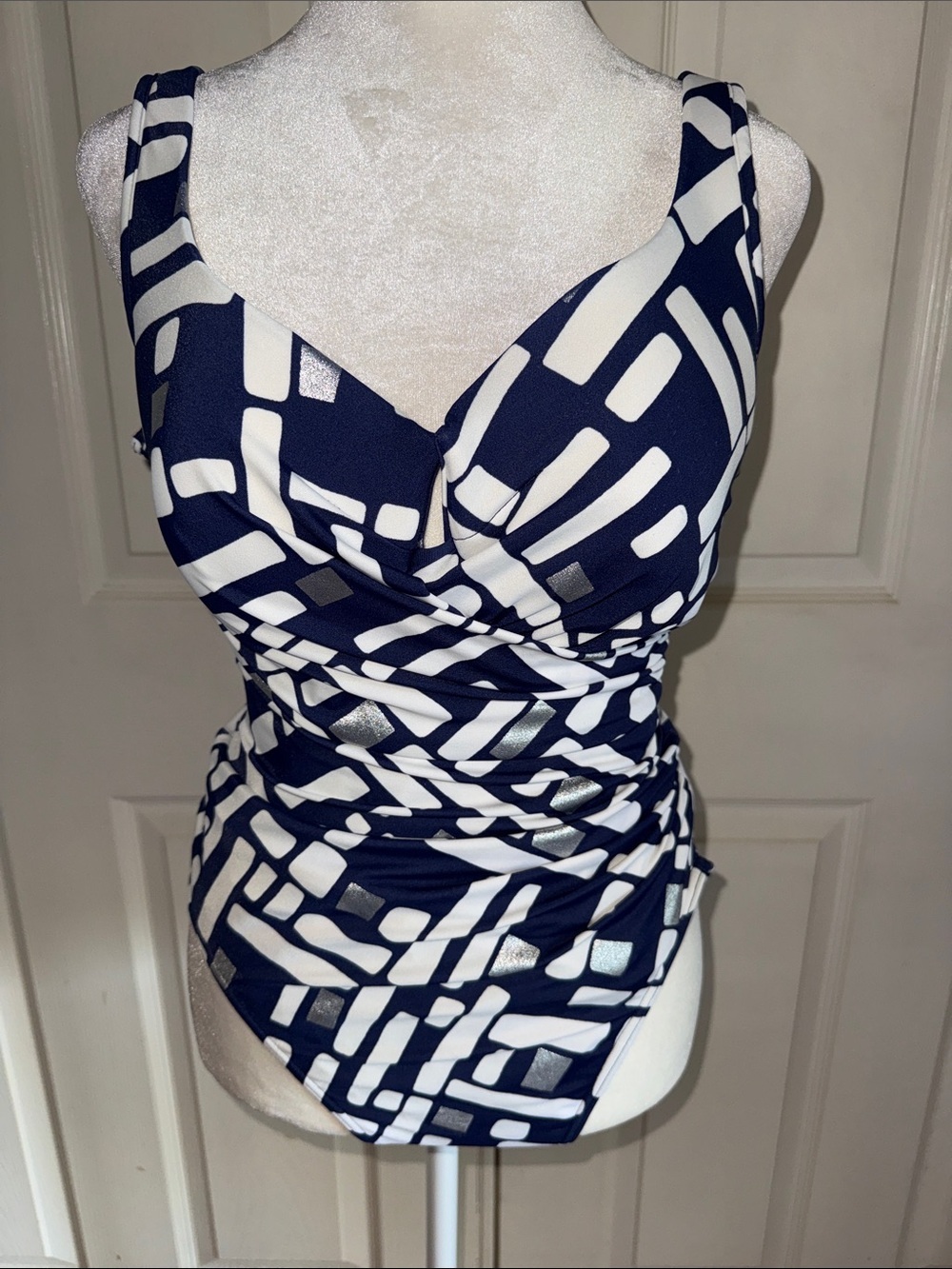 Miraclesuit Estilo Blue, White And Metallic Silver One Piece Underwire Swimsuit